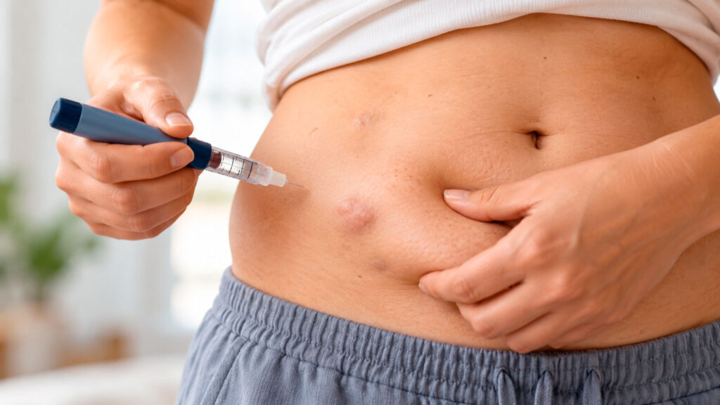Persona con diabetes mostrando bultos en el abdomen asociados a la lipodistrofia por inyecciones repetidas de insulina.