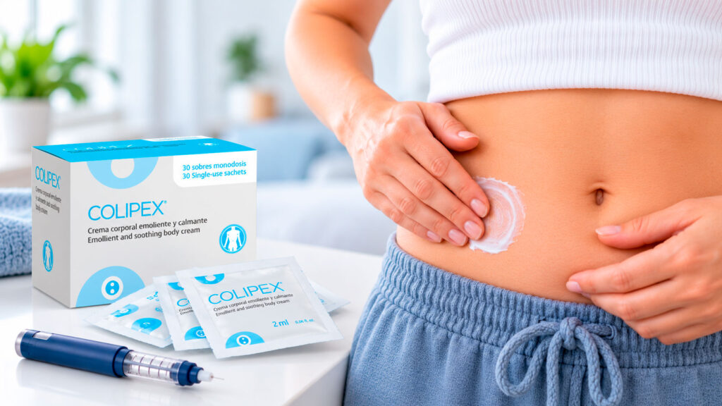 Mujer con diabetes aplicando crema hidratante en la piel del abdomen, una de las zonas habituales de inyección de insulina.