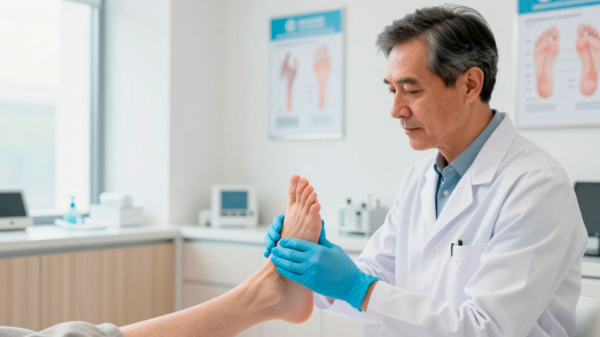 Profesional sanitario examinando el pie de una persona durante una revisión preventiva relacionada con la diabetes.