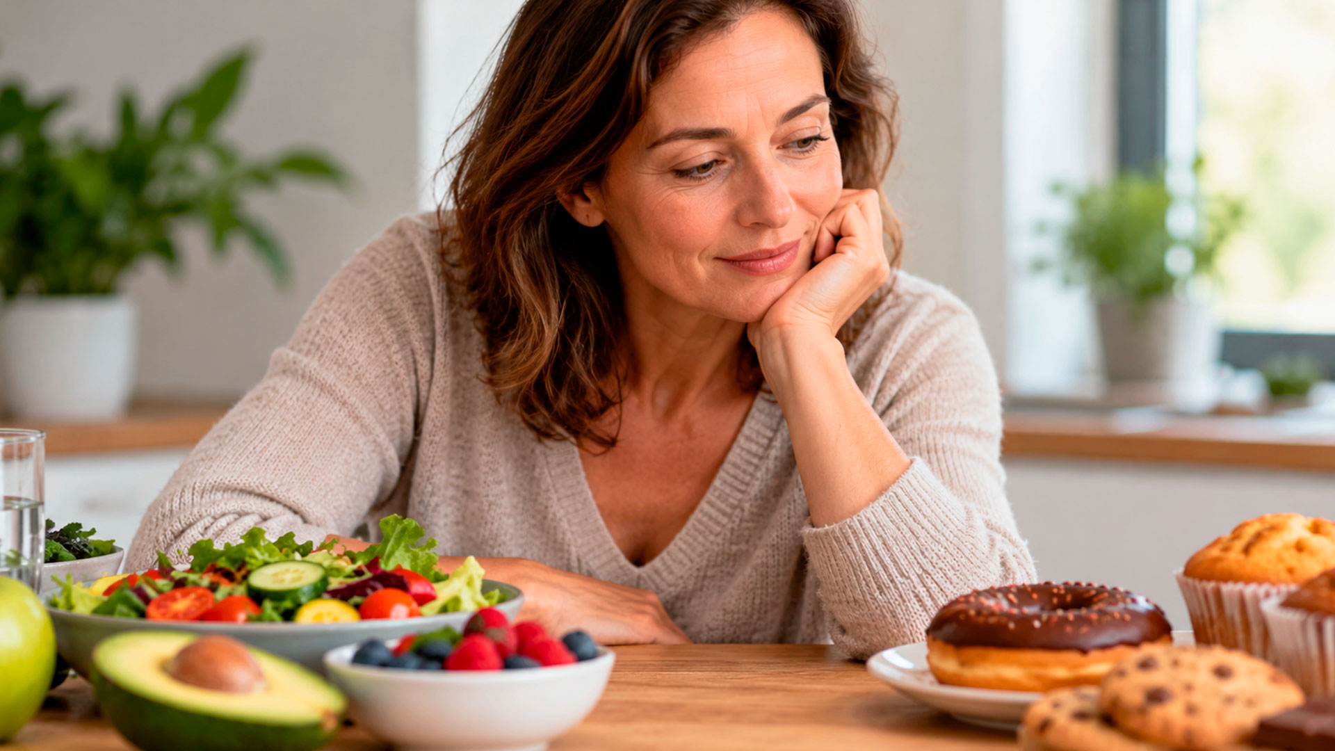 Mujer sentada ante distintos alimentos, ilustrando cómo puede variar la glucosa aunque comas lo mismo