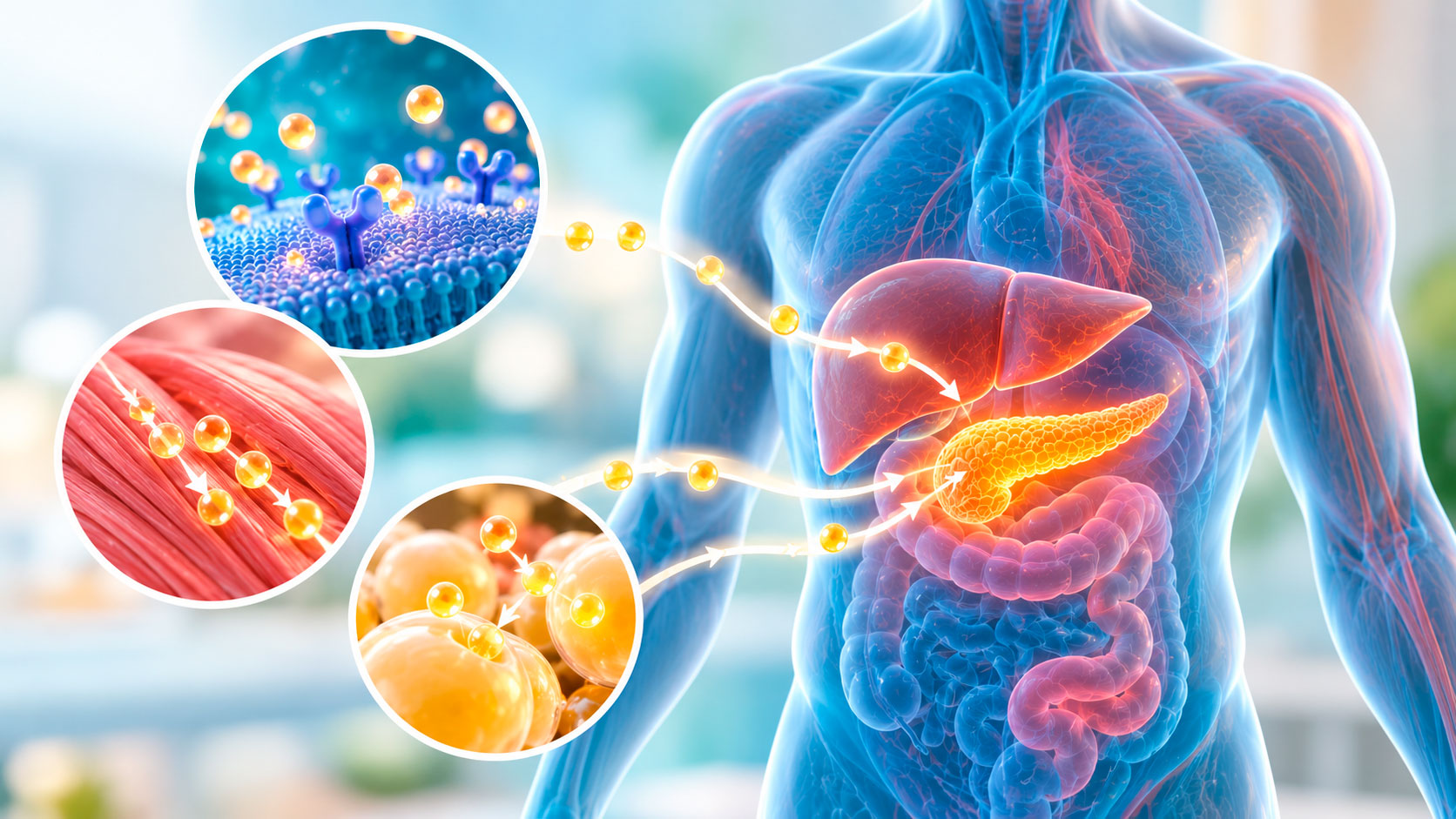 Ilustración científica de la interacción entre la insulina, sus receptores celulares y las moléculas de glucosa.