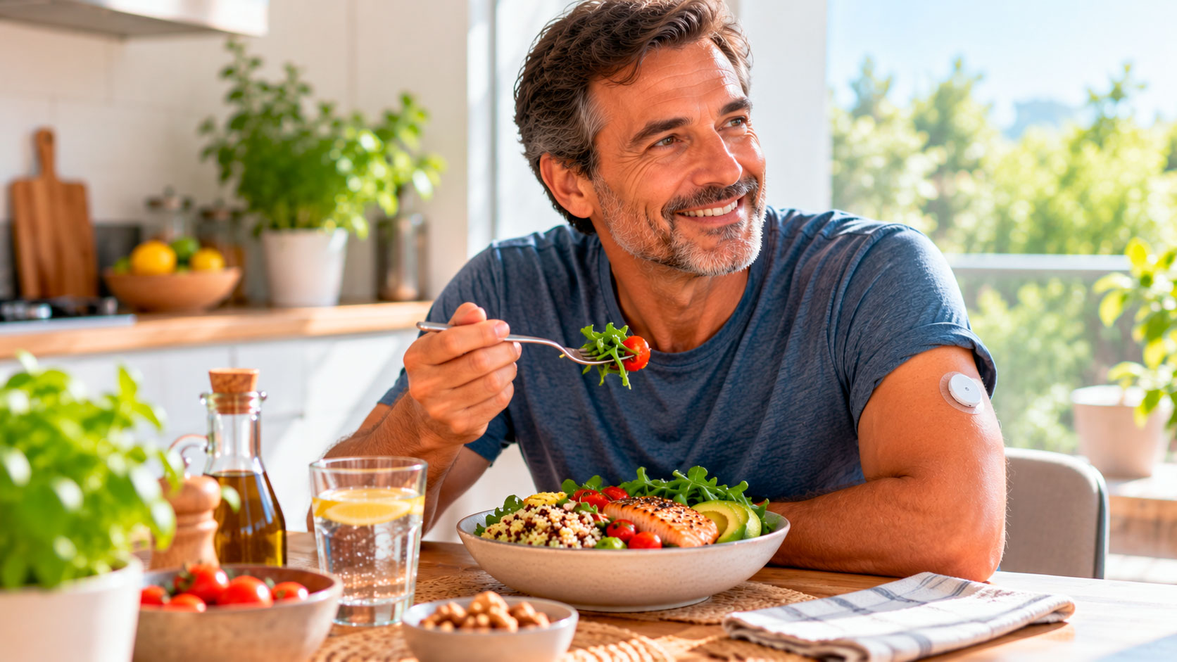 Hombre con sensor de glucosa disfrutando de una comida saludable, imagen sobre salud metabólica y diabetes
